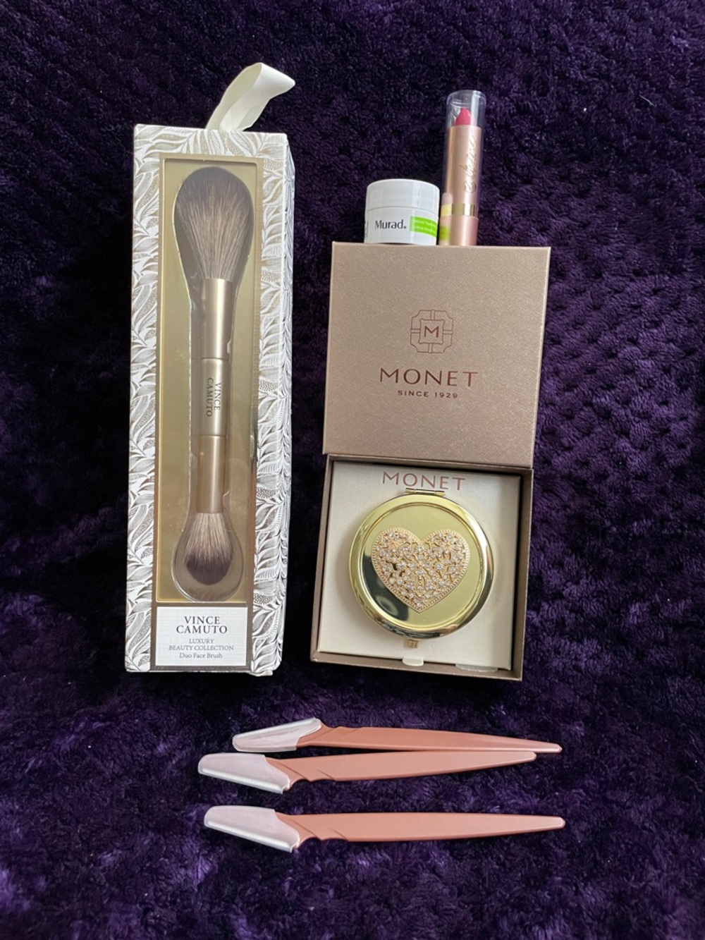 Vince Camuto Duo Face Brush,Monet Mirror,Murad,Lipstick,3 Facial Trimmer NEW